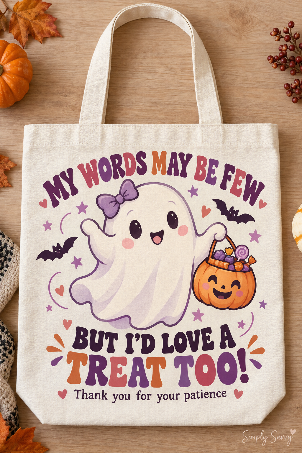 My Words May Be Few – Purple Bow Ghost Halloween Tote