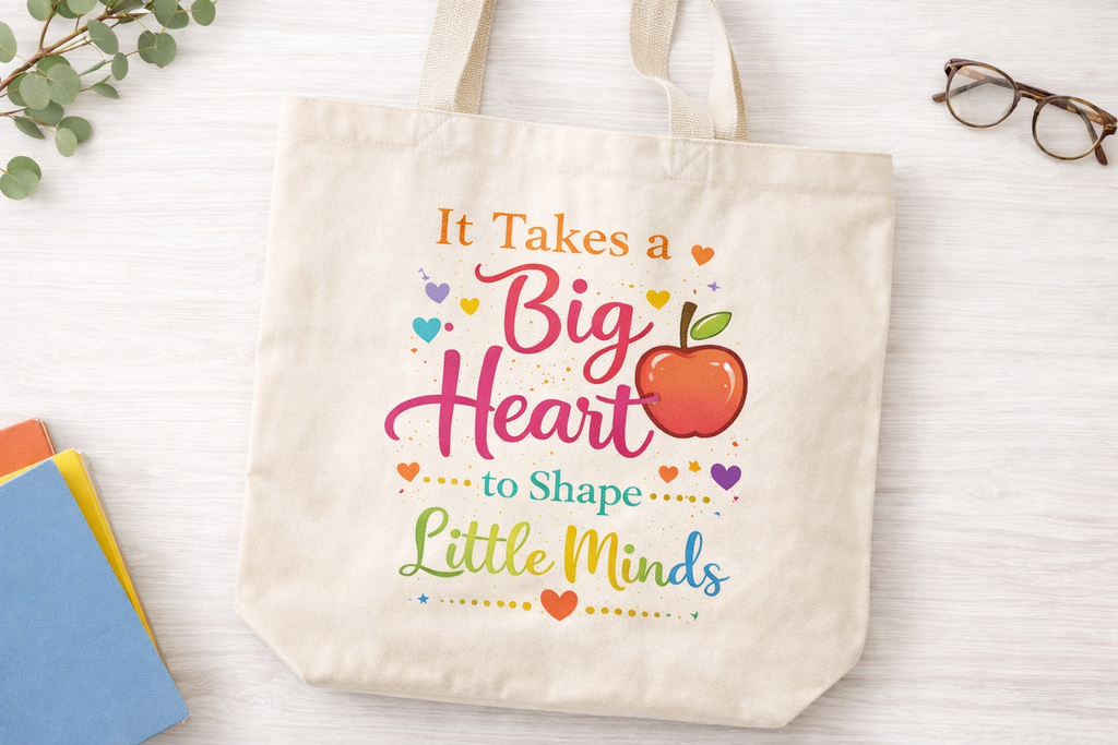 Teacher Appreciation Bundle – “It Takes a Big Heart to Shape Little Minds” Shirt + Tote ✨