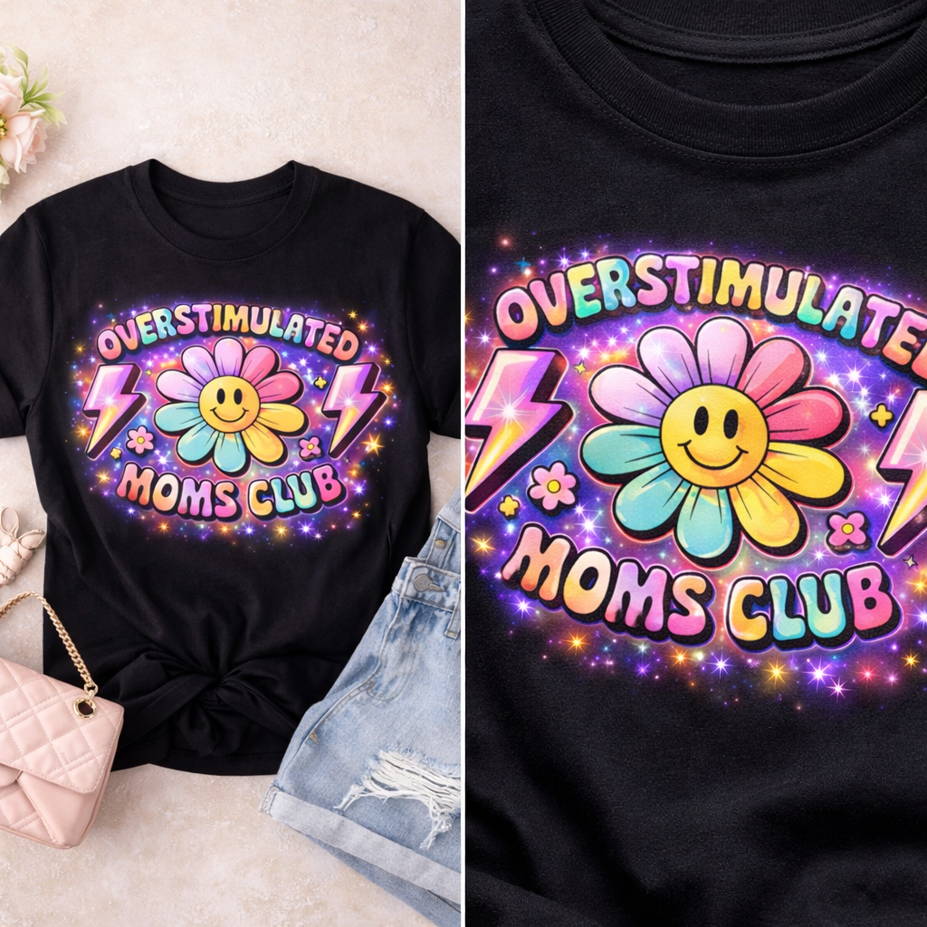 Overstimulated Moms Club Rainbow Shirt – Retro Smiley Flower Mom Tee – Colorful Sparkle Mama Shirt – Trendy Funny Mom Life Graphic Tee 🌺