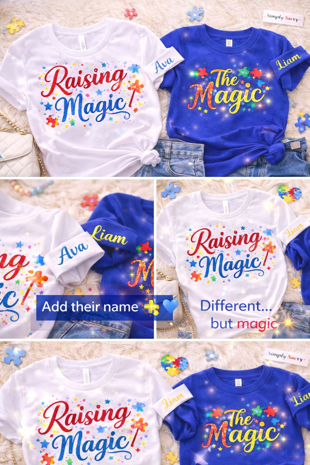 Autism Mama & Mini Matching Shirts 💙 | Raising Magic Family Set | Personalized Name Sleeve Shirts | Autism Awareness Matching Outfit