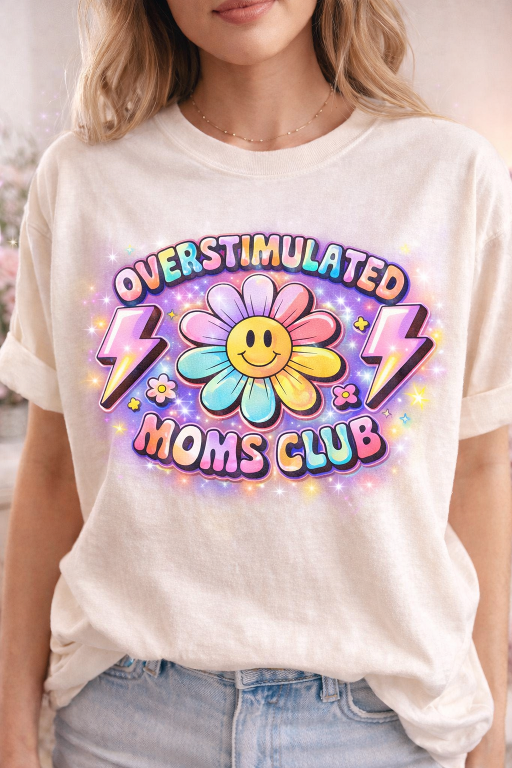 Overstimulated Moms Club Rainbow Shirt – Retro Smiley Flower Mom Tee – Colorful Sparkle Mama Shirt – Trendy Funny Mom Life Graphic Tee 🌺