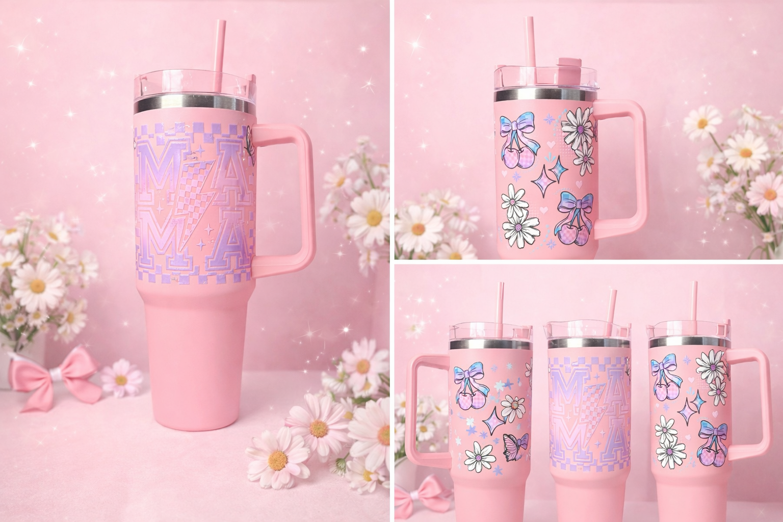 Pink Mama 40oz Insulated Tumbler – Girly Bow, Cherry & Daisy Cup with Handle and Straw