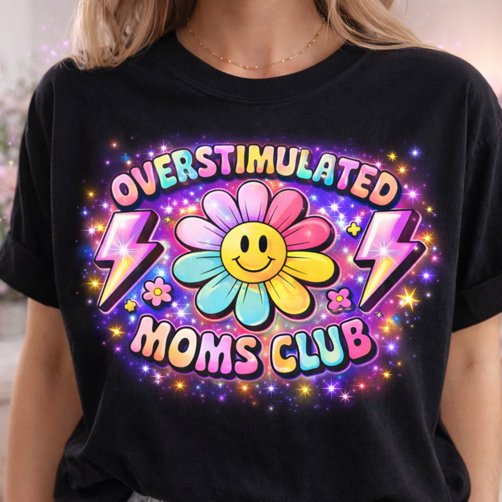 Overstimulated Moms Club Rainbow Shirt – Retro Smiley Flower Mom Tee – Colorful Sparkle Mama Shirt – Trendy Funny Mom Life Graphic Tee 🌺