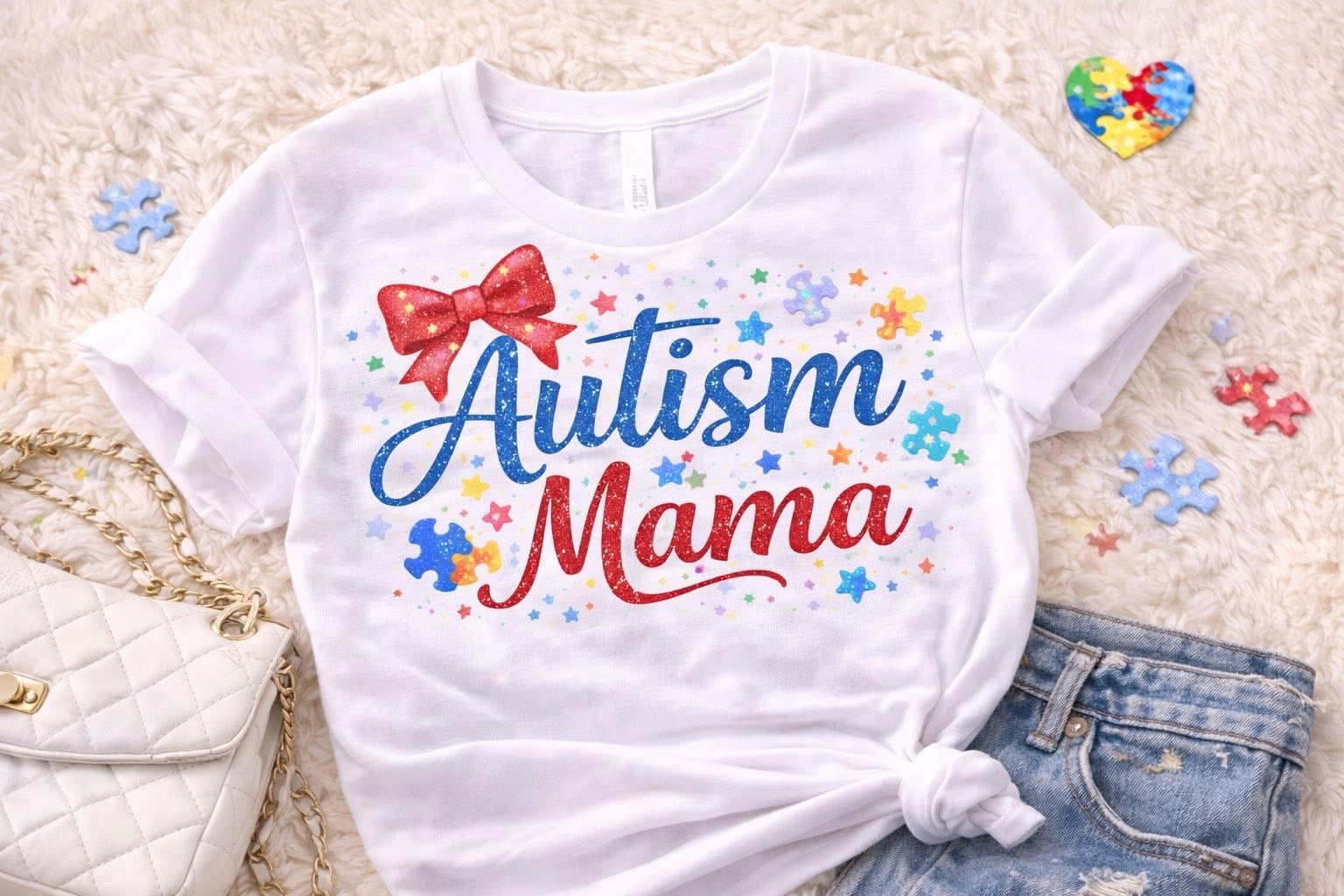Autism Mama Shirt 💙 | Proud Autism Mom Tee | Awareness Puzzle Piece Shirt | Neurodiversity Support Tee | Cute Glitter Bow Design