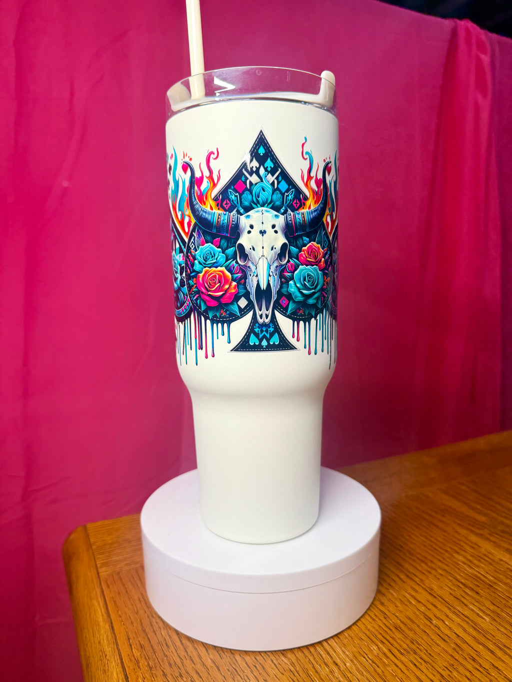 Western Skull Rose 40oz Insulated Tumbler – Colorful Bull Skull Floral Cup with Straw