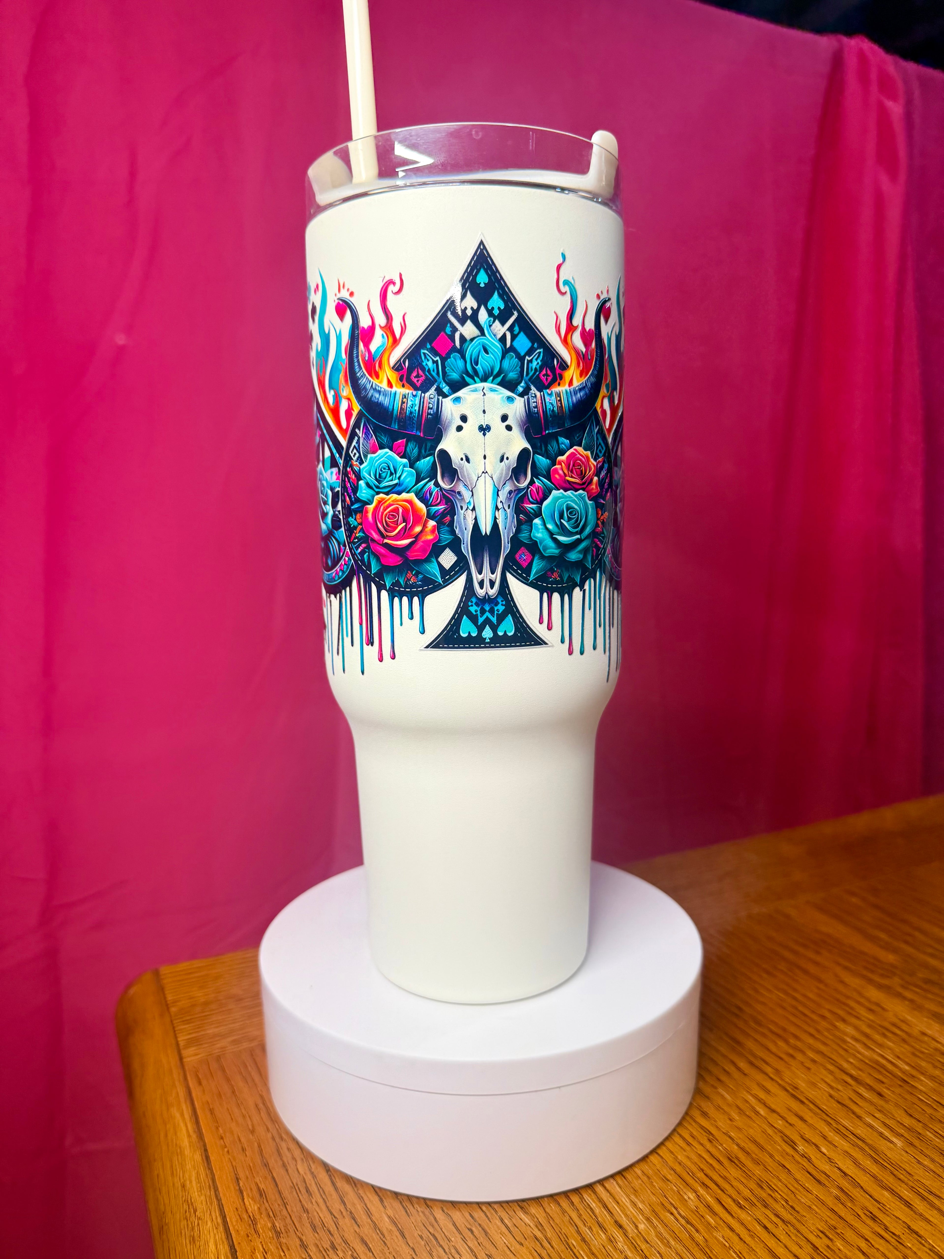 Western Skull Rose 40oz Insulated Tumbler – Colorful Bull Skull Floral Cup with Straw