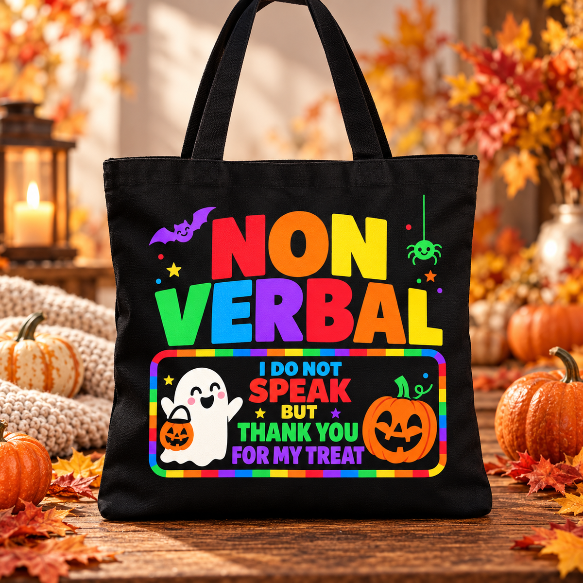 Nonverbal Halloween Tote – Colorful Block Letter Design
