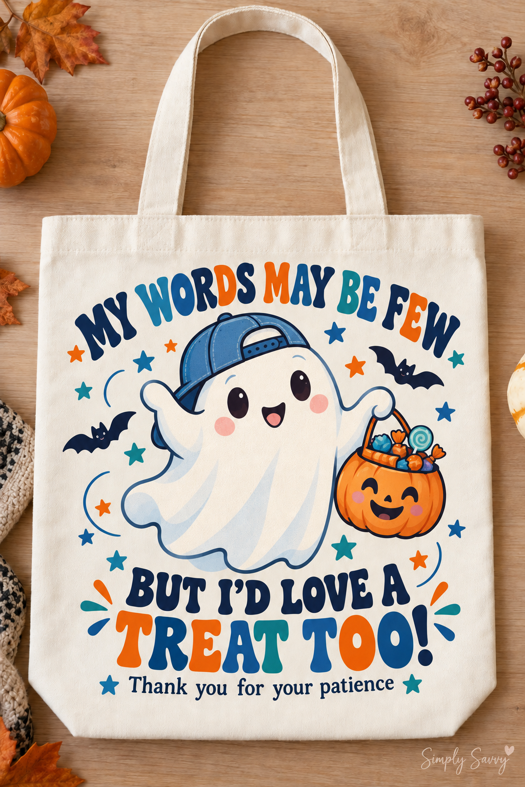My Words May Be Few – Blue Ghost Halloween Tote