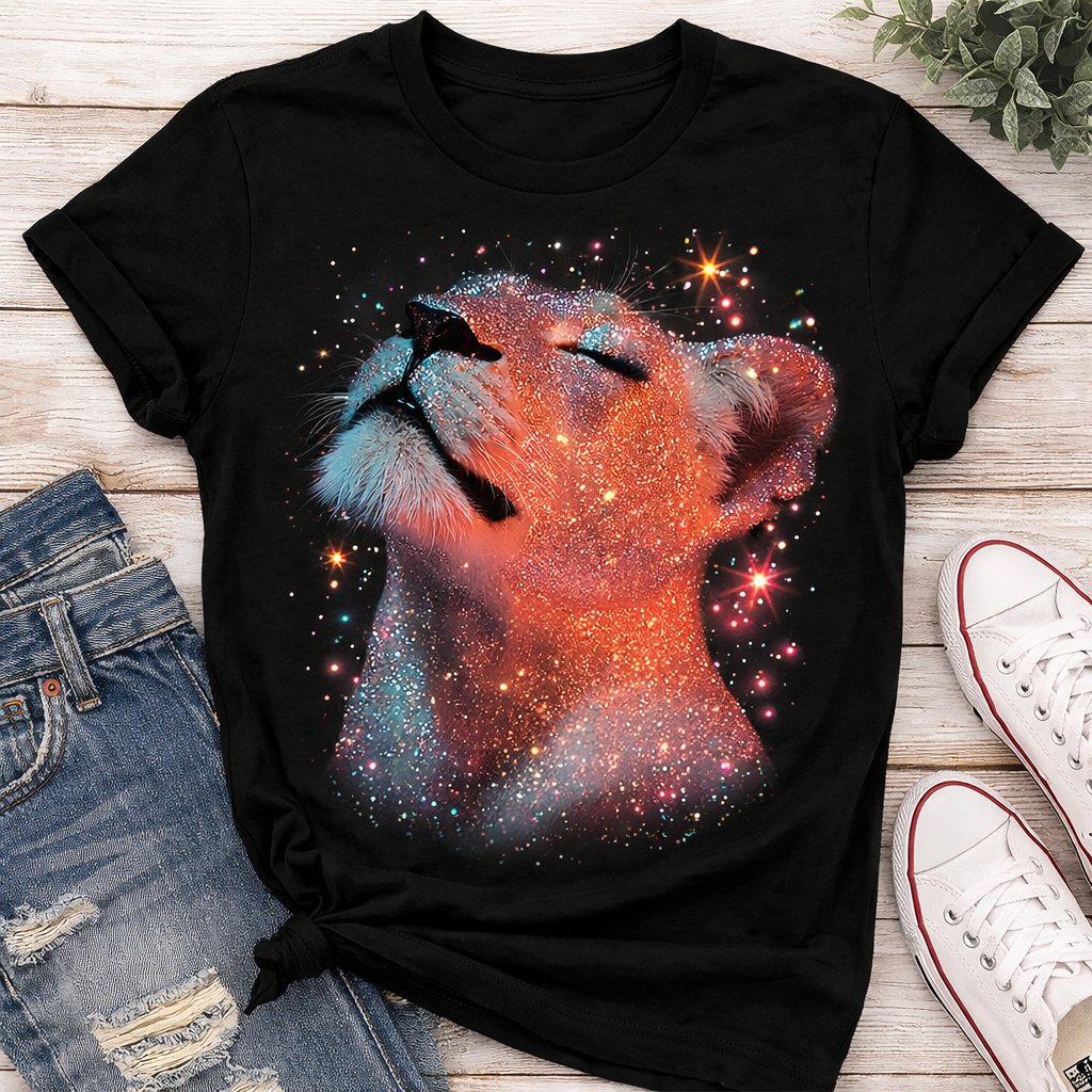 Cosmic Galaxy Lion Graphic Tee – Celestial Animal Aesthetic Shirt