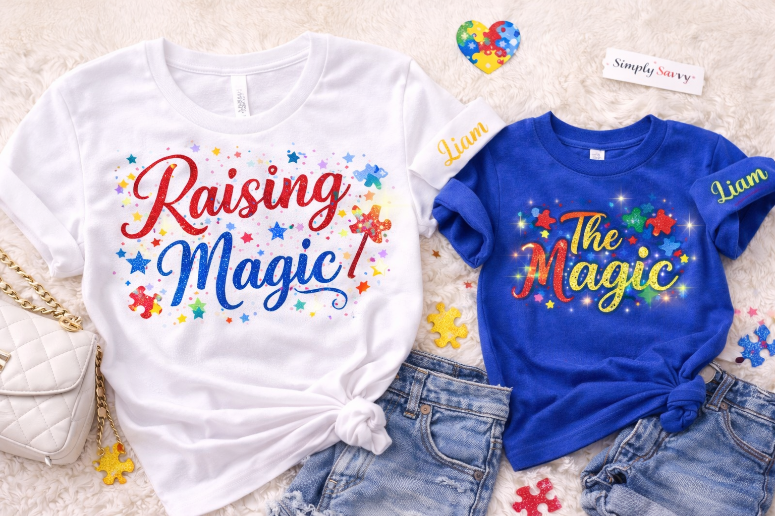 Autism Mama & Mini Matching Shirts 💙 | Raising Magic Family Set | Personalized Name Sleeve Shirts | Autism Awareness Matching Outfit