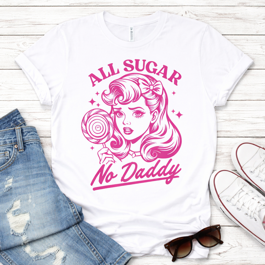 All Sugar No Daddy Retro Graphic Tee – Vintage Pin-Up Sass Shirt