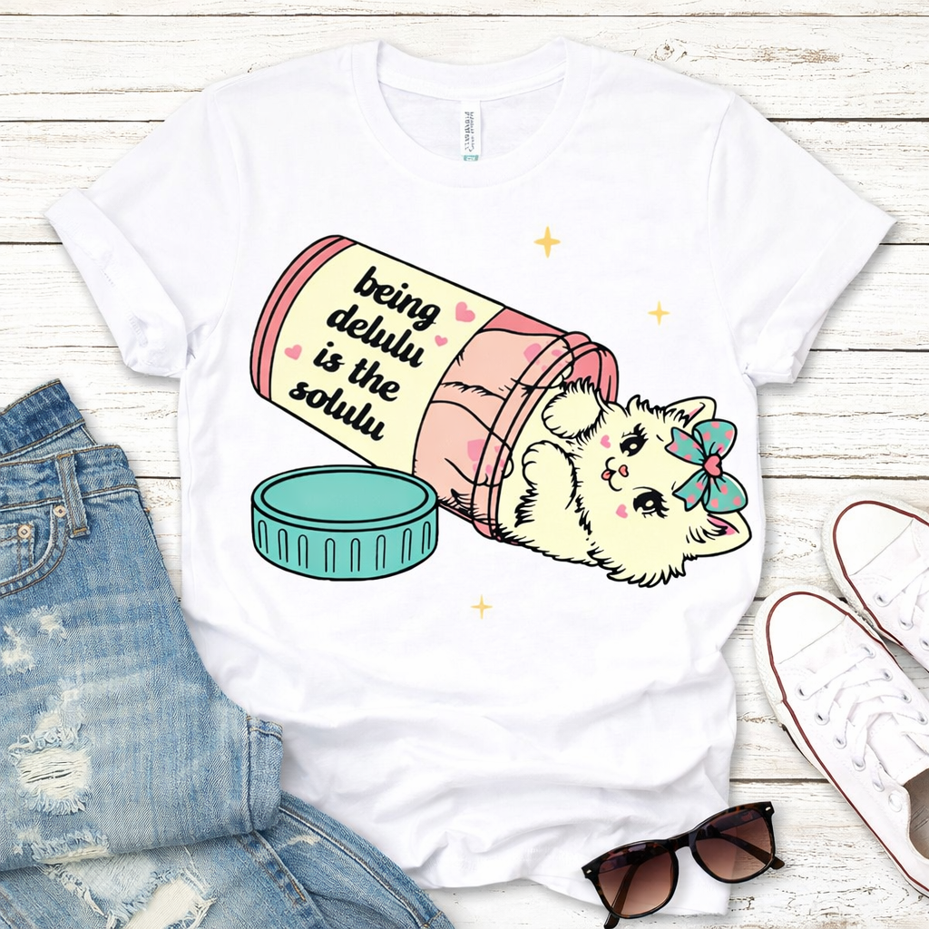 Being Delulu Is The Solulu Funny Cat Graphic Tee – Cute Meme Aesthetic Shirt