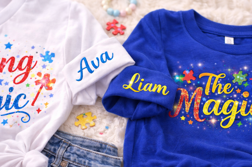 Autism Mama & Mini Matching Shirts 💙 | Raising Magic Family Set | Personalized Name Sleeve Shirts | Autism Awareness Matching Outfit