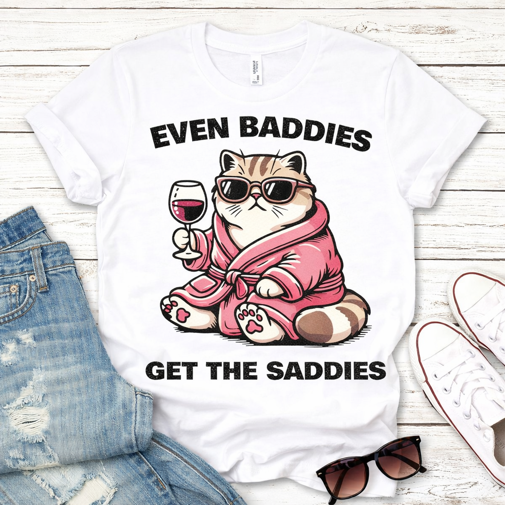 Even Baddies Get the Saddies Funny Cat Graphic Tee – Cute Meme Humor Shirt