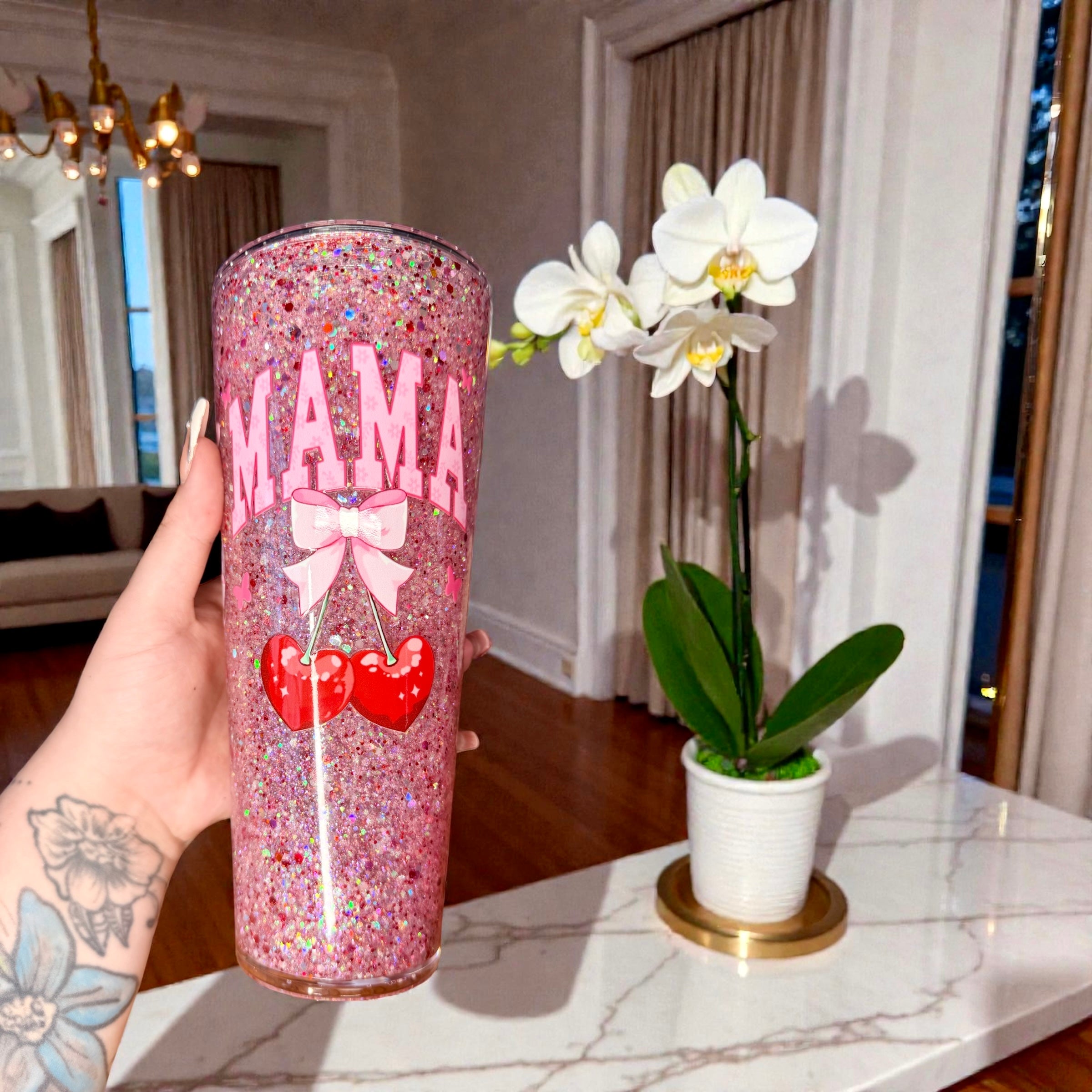 Cherry Mama Pink Glitter Tumbler – Custom Mother’s Day Cup 🍒