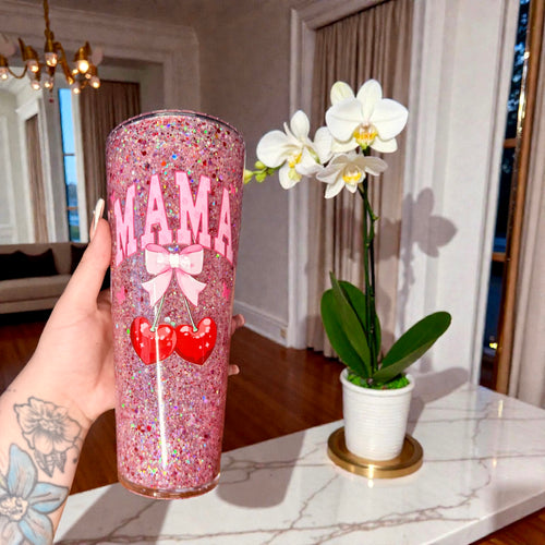 Cherry Mama Pink Glitter Tumbler – Custom Mother’s Day Cup 🍒