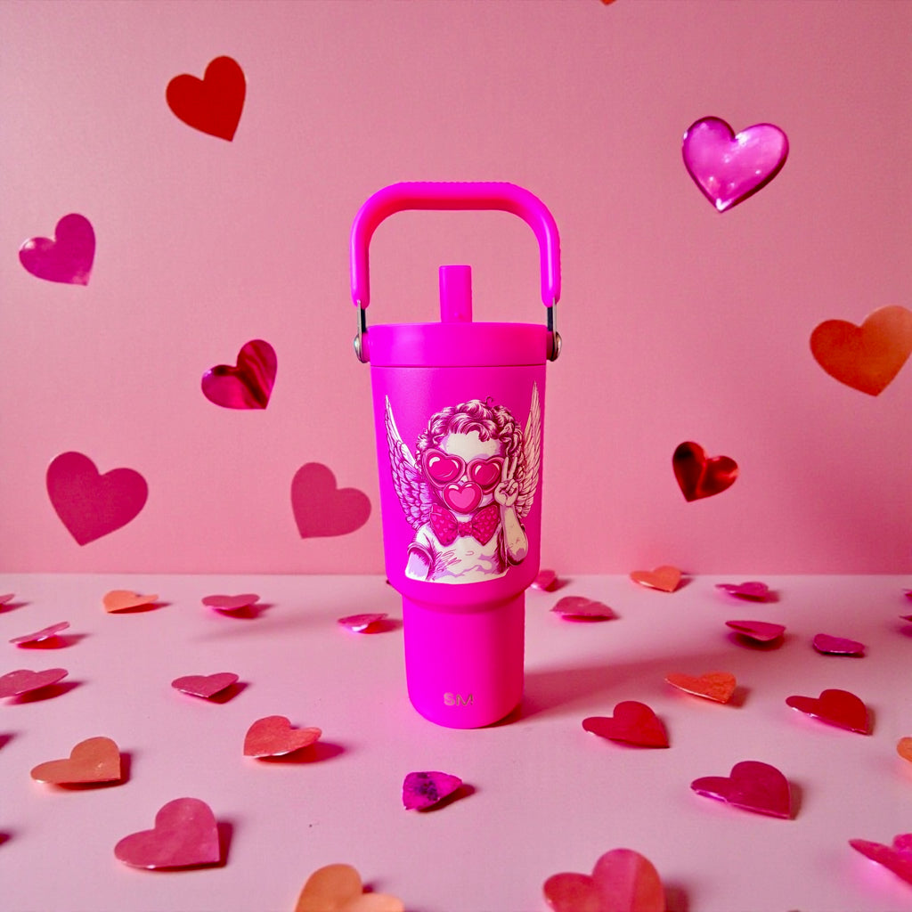 Cupid Angel Pink Tumbler – Valentine Heart Stainless Steel Cup, Cute Girly Travel Mug, Love Aesthetic Drinkware Gift for Her