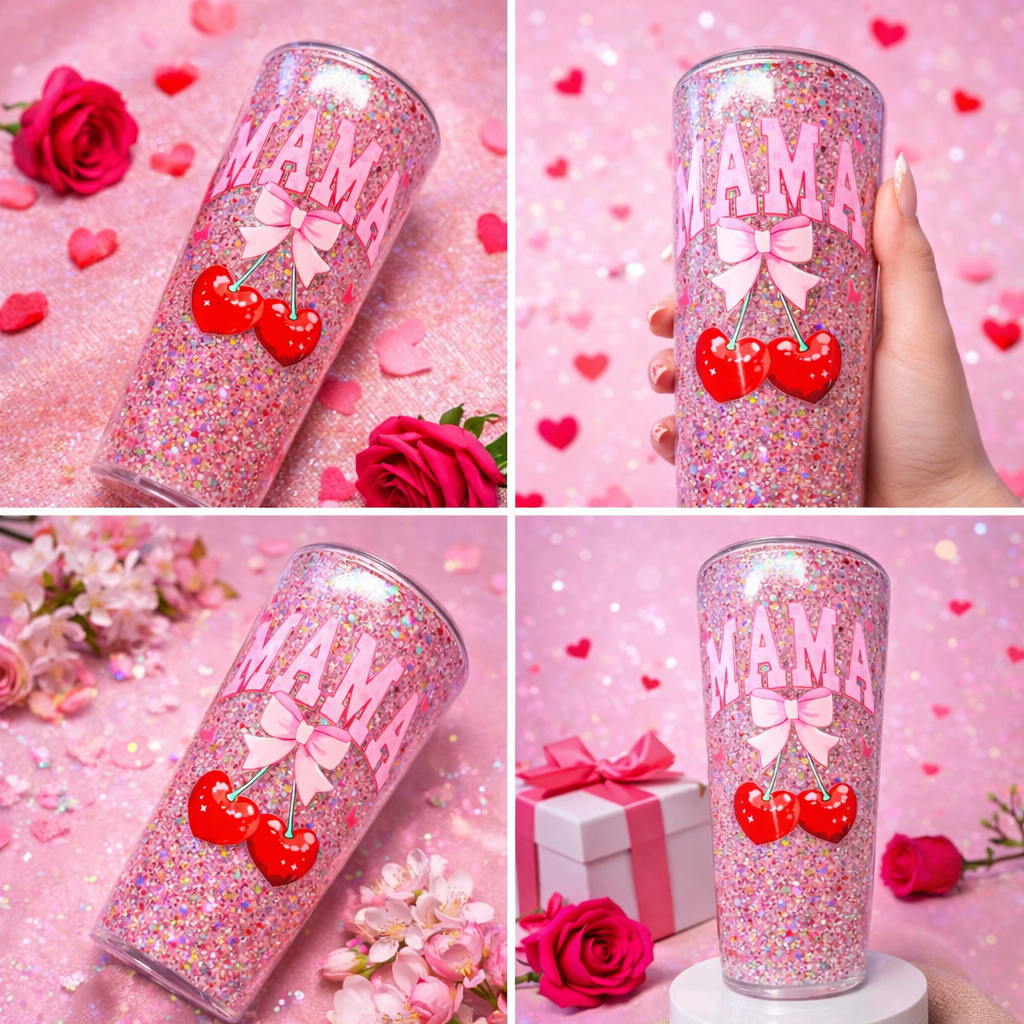 Cherry Mama Pink Glitter Tumbler – Custom Mother’s Day Cup 🍒