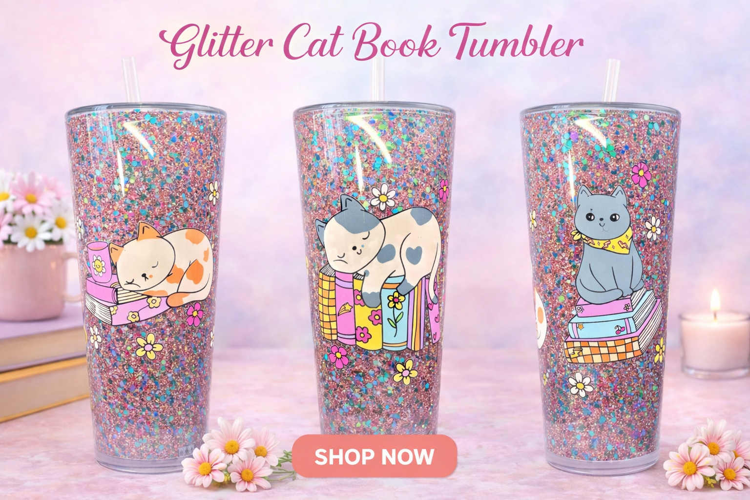 Purrfect Chapters Glitter Tumbler 🐱📚✨