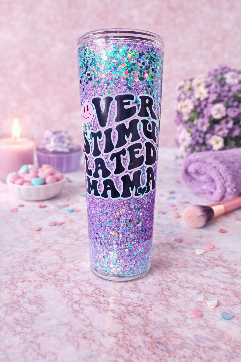 Overstimulated Mama 16oz Glitter Tumbler – Funny Mom Cup