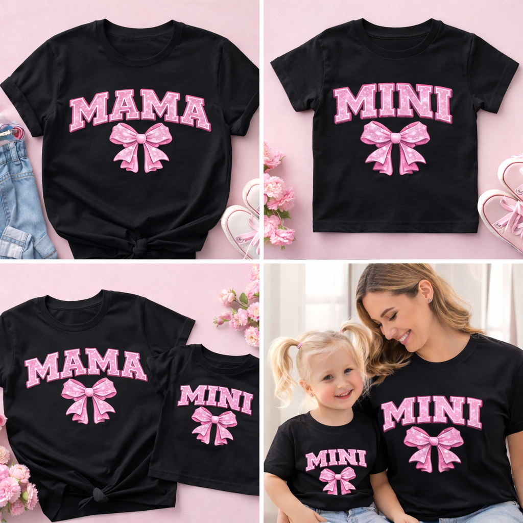 Pink Bow Mama & Mini Matching Shirts – Glitter Varsity Mommy and Me Shirts 🎀