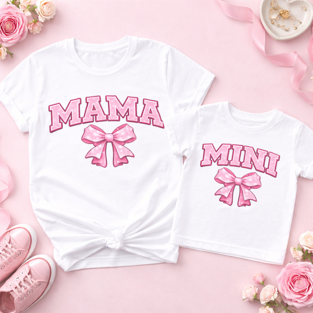 Pink Bow Mama & Mini Matching Shirts – Glitter Varsity Mommy and Me Shirts 🎀