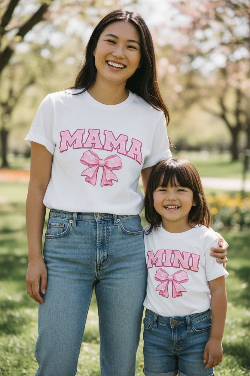 Pink Bow Mama & Mini Matching Shirts – Glitter Varsity Mommy and Me Shirts 🎀