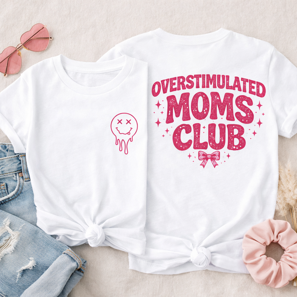 Overstimulated Moms Club Shirt with Smiley – Hot Pink Glitter Mom Shirt – Cute Trendy Mama Tee 💕💕