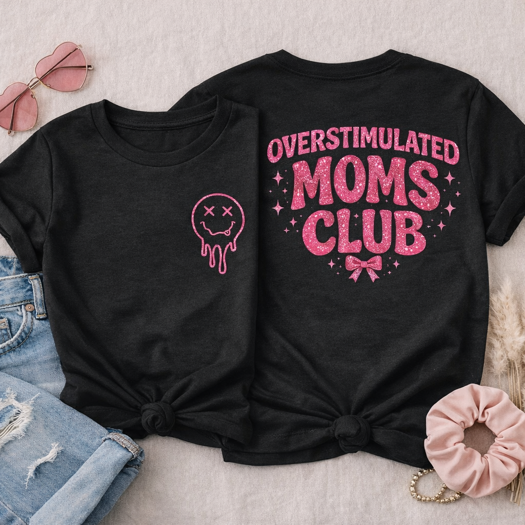 Overstimulated Moms Club Shirt with Smiley – Hot Pink Glitter Mom Shirt – Cute Trendy Mama Tee 💕💕