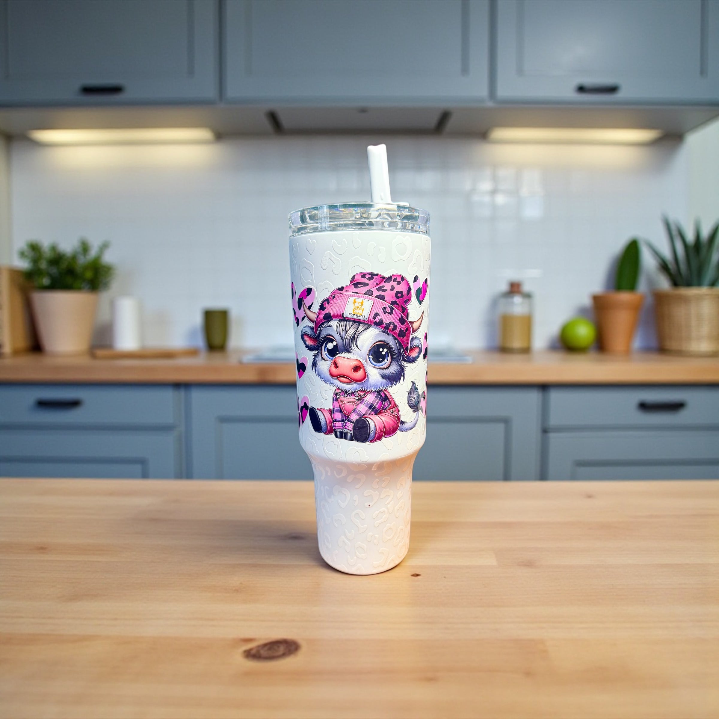 🐮 Pink Leopard Baby Cow 40oz Tumbler with Straw