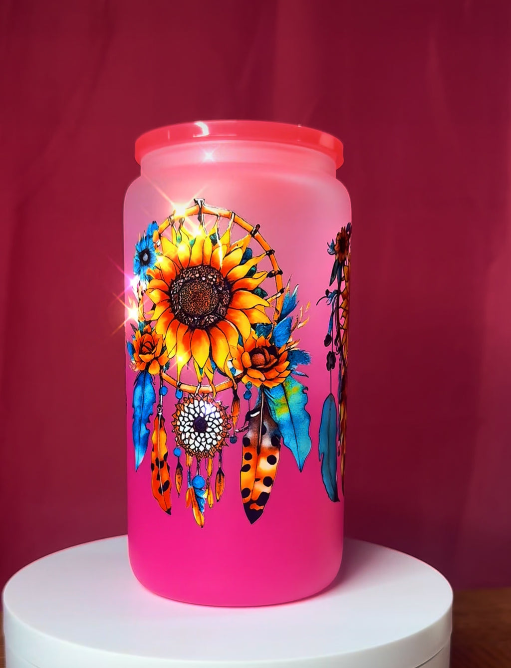 Sunflower Dreamcatcher Frosted Glass Can – Boho Floral Iced Coffee Cup with Straw