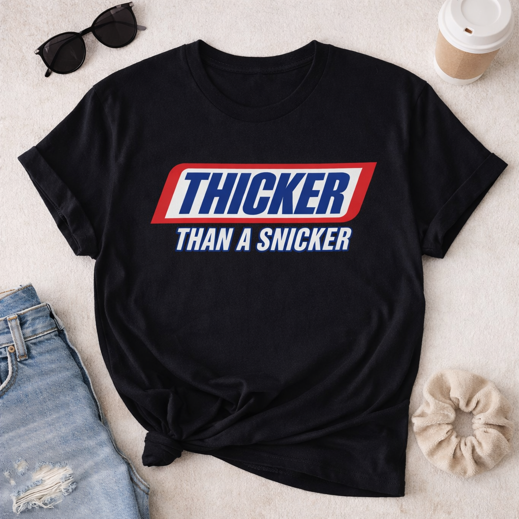 Thicker Than a Snicker Graphic Tee – Funny Thick Girl Shirt – Trendy Streetwear T-Shirt