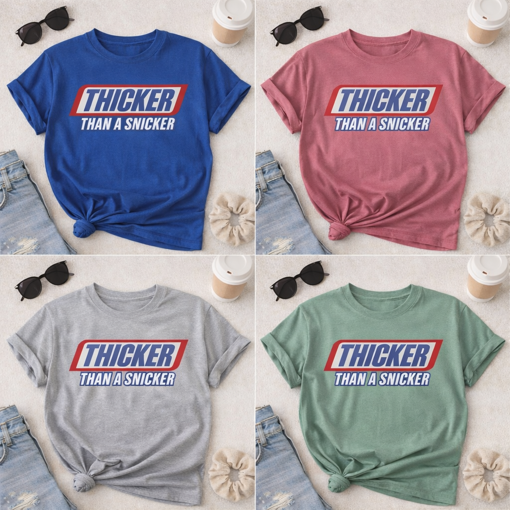 Thicker Than a Snicker Graphic Tee – Funny Thick Girl Shirt – Trendy Streetwear T-Shirt