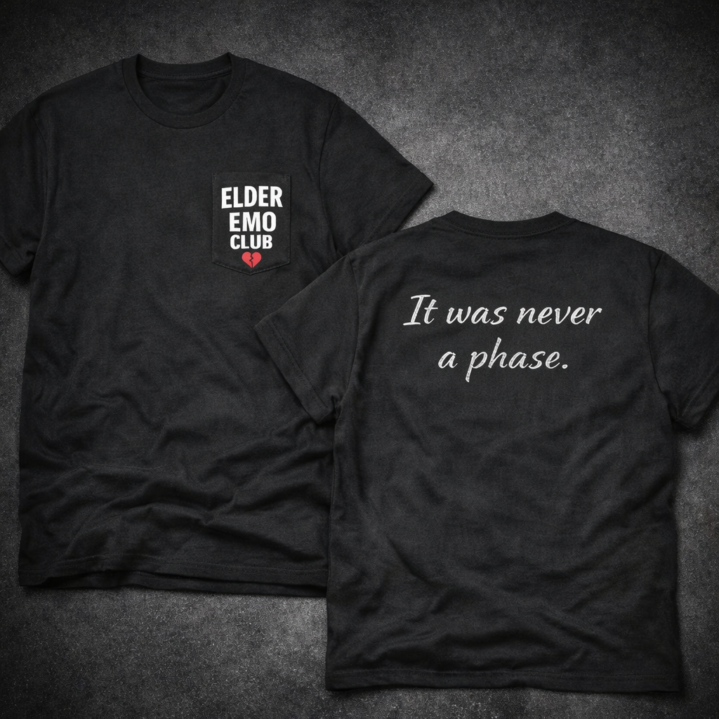 Elder Emo Club Pocket Tee – It Was Never a Phase Back Print | Minimal Emo Aesthetic Shirt