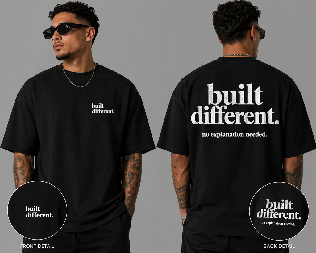 Built Different Shirt | Men’s Streetwear Tee | Front & Back Graphic Shirt | Confidence Statement Tee | Unisex Oversized Black Tee